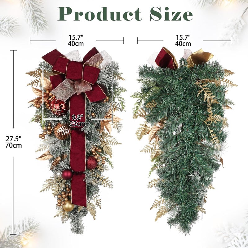 Villa Como Christmas Teardrop Swag for Front Door with Ornaments, Berries, Bow, 27.5" Christmas Swag Wreath for Stair Window Wall Mantel, Artificial Christmas Swags for Xmas Winter Holiday Decorations, Burgundy - Image 4