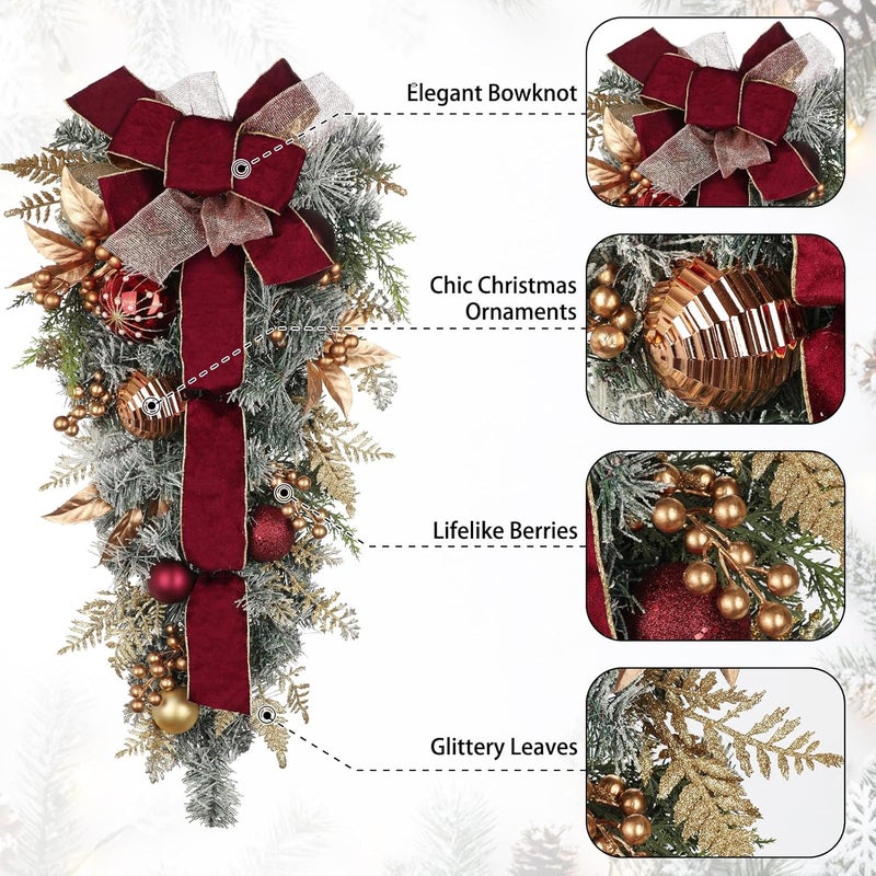 Villa Como Christmas Teardrop Swag for Front Door with Ornaments, Berries, Bow, 27.5" Christmas Swag Wreath for Stair Window Wall Mantel, Artificial Christmas Swags for Xmas Winter Holiday Decorations, Burgundy - Image 2