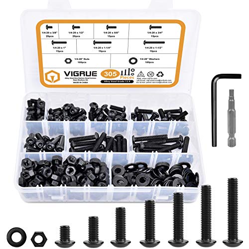 VIGRUE 305Pcs 1/4-20 Bolt and Nut Assortment Kit, 1/4-20 Black Button Head Socket Cap Screw Nuts Washers Kit, Assorted Allen Head Screws, Class 12.9 Alloy Steel - Image 1