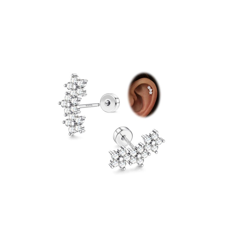 LOYALLOOK 925 Sterling Silver Flat Back Stud Earrings for Women Hypoallergenic | Silver Cartilage Earrings for Sensitive Ears | Small CZ Helix Conch Tragus Piercing Jewelry 20G Flower Style - Image 1