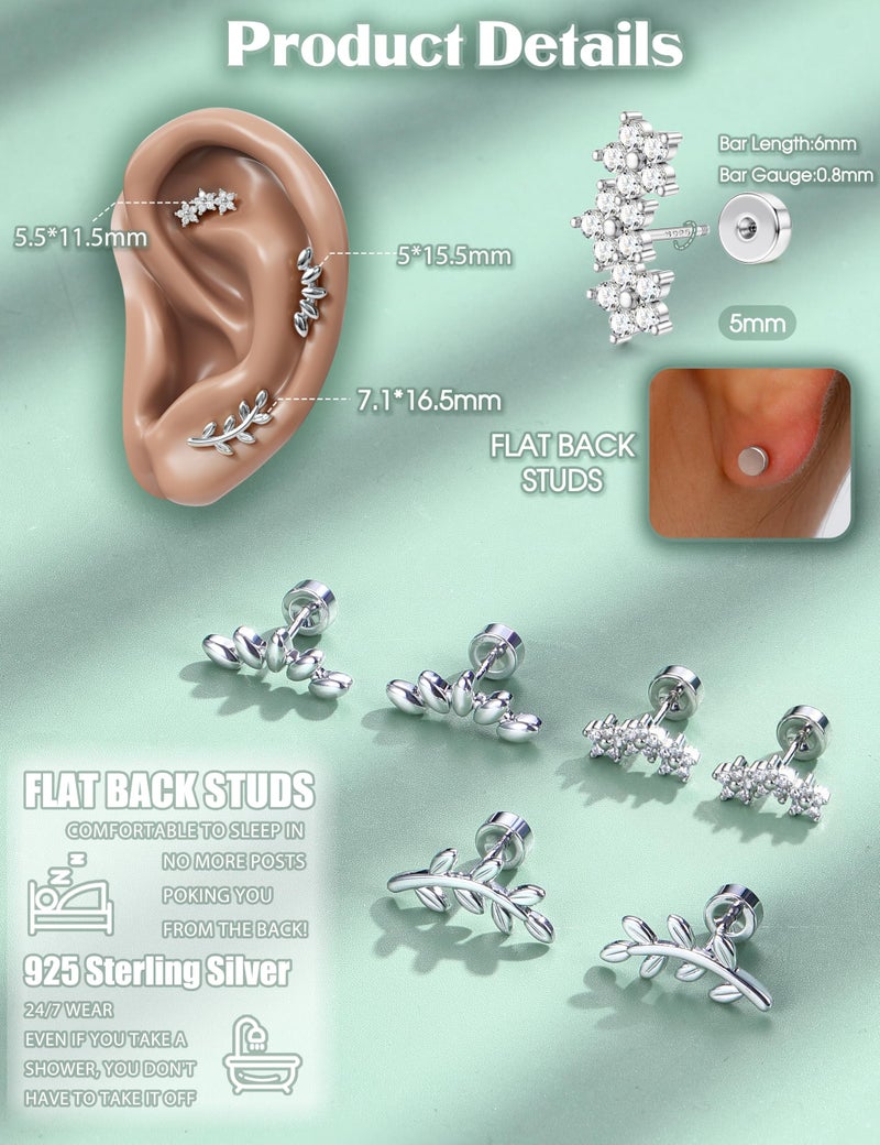 LOYALLOOK 925 Sterling Silver Flat Back Stud Earrings for Women Hypoallergenic | Silver Cartilage Earrings for Sensitive Ears | Small CZ Helix Conch Tragus Piercing Jewelry 20G Flower Style - Image 4