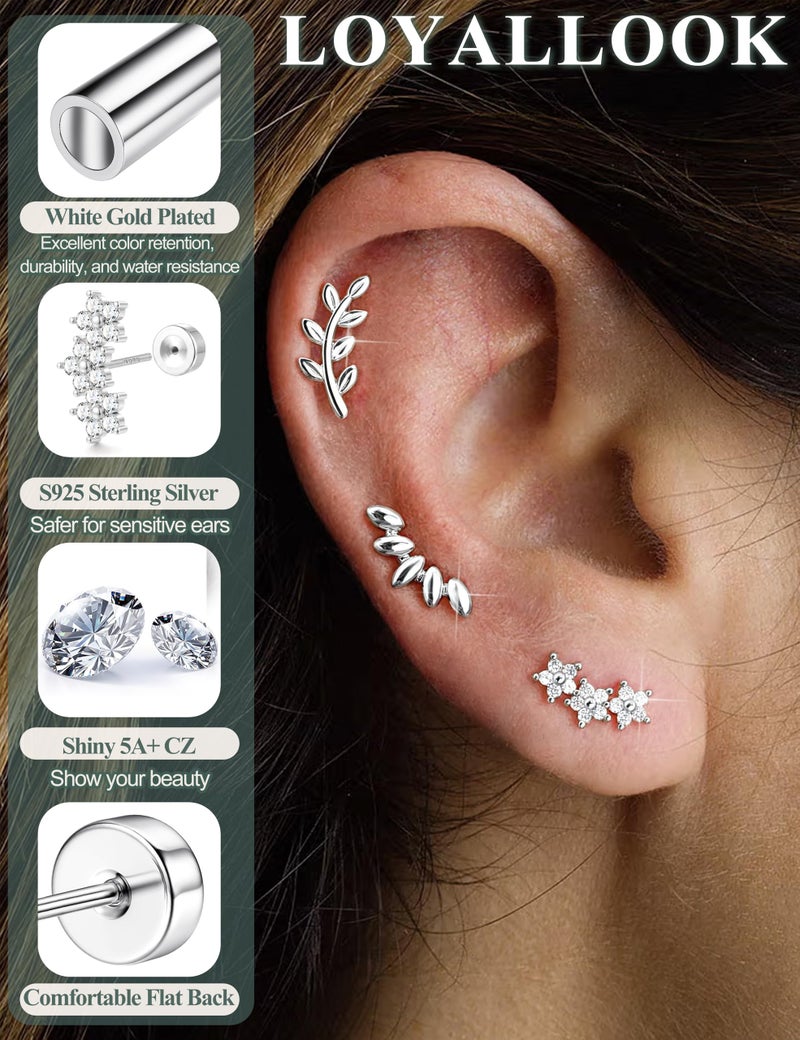 LOYALLOOK 925 Sterling Silver Flat Back Stud Earrings for Women Hypoallergenic | Silver Cartilage Earrings for Sensitive Ears | Small CZ Helix Conch Tragus Piercing Jewelry 20G Flower Style - Image 3