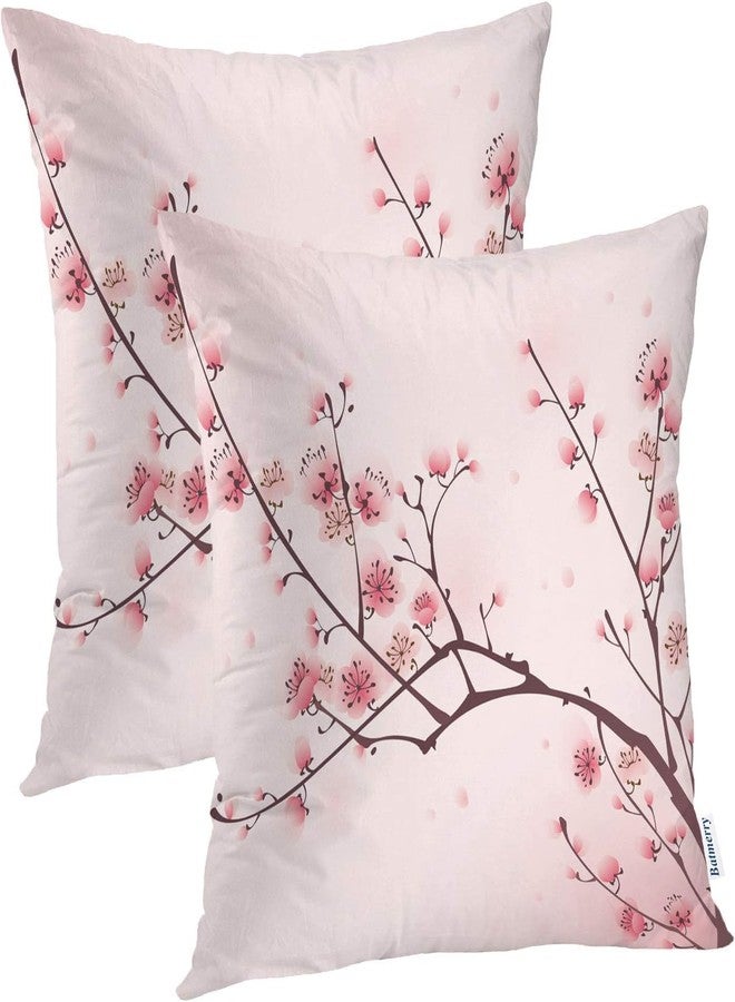 Batmerry Spring Pillows Decorative Throw Pillow Covers 18x18 Inch Set of 2, Pink Chinese Cherry Blossom Flower Japan Plum Branch Double Sided Square Pillow Cases Pillowcase Sofa Cushion - Image 1