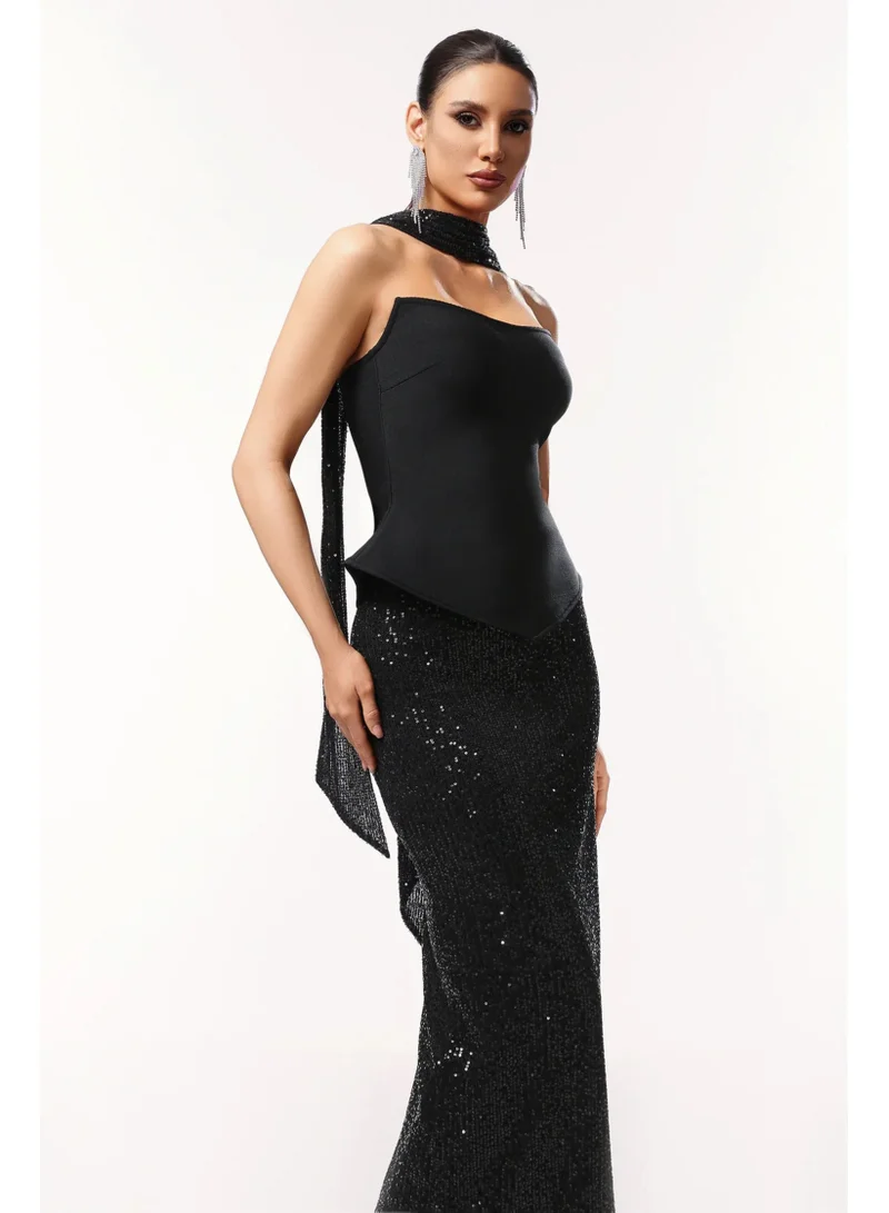 Bella Barnett Kale Sleeveless Ribbon Sequins Bandage Maxi Two-Piece Set