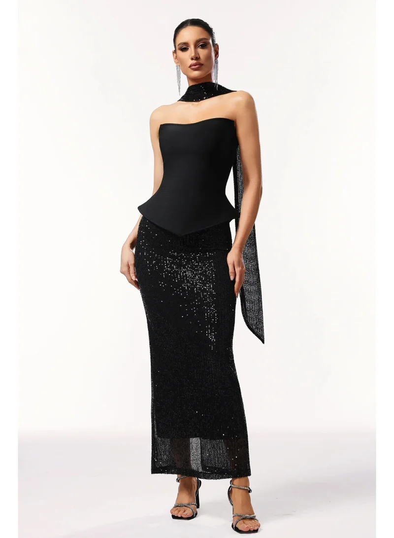 Bella Barnett Kale Sleeveless Ribbon Sequins Bandage Maxi Two-Piece Set