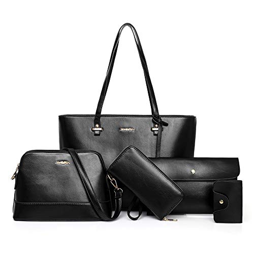 AlwaySky Women's Designer Handbag Set: 5 Pack Tote, Crossbody, Satchel Bags in Black PU Leather - Image 1