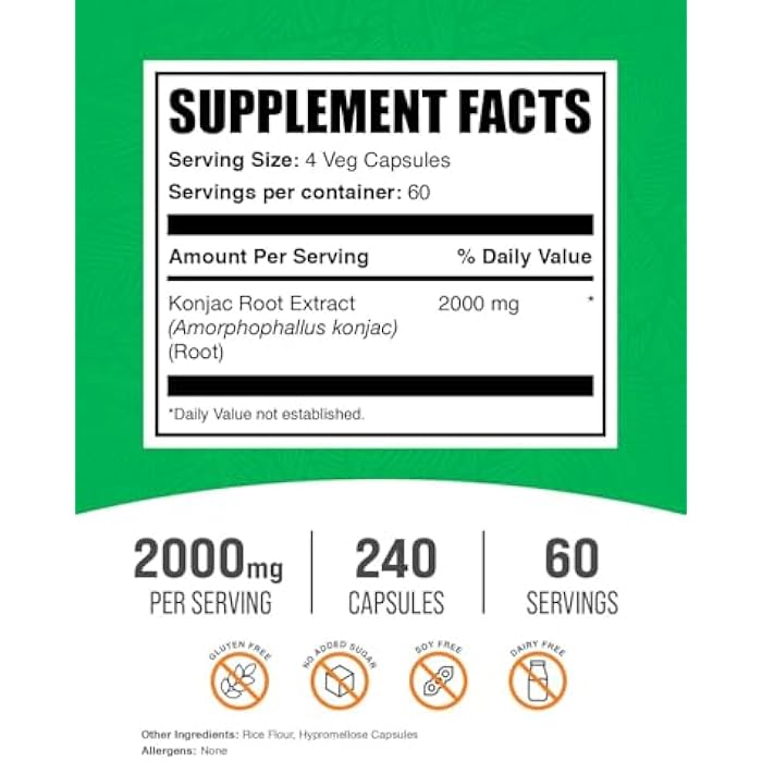 BulkSupplements.com Glucomannan Capsules - as Konjac Root Extract, Glucomannan Supplements, Herbal Supplement - Gluten Free, 4 Capsules per Serving, 240 Count (Pack of 1) - Image 2