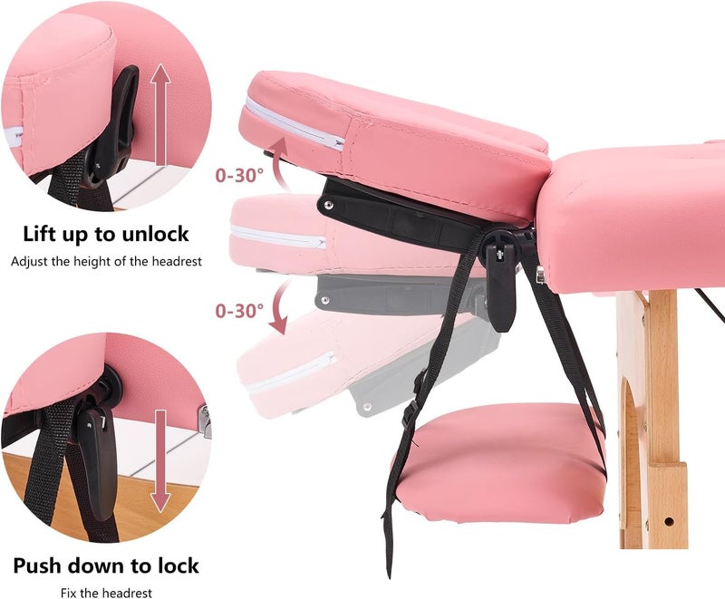 طاولة تدليك من يونيكي ( Massage Table)، محمولة وخفيفة الوزن، قابلة للطي والتعديل، مخصصة لعمليات وشوم الوجه، م��اسبة للسبا والعلاج الطبيعي، ويمكن استخدامها في صالونات التجميل المنزلية، بإطار خشبي باللون الوردي ومع ملحقات. - Image 4