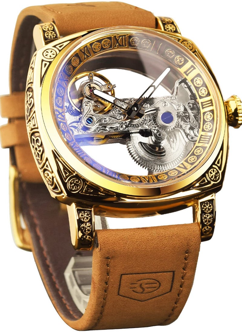 FORSINING Men's Luxury Square Carving Mechanical Watch Retro Totem Double Sided Hollow Skeleton Self-Wind Automatic Watches Vintage Leather Strap Wristwatch  - Image 1