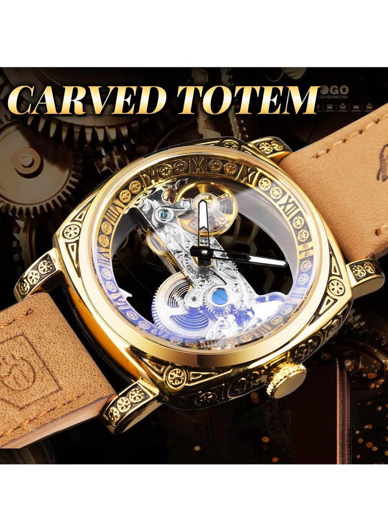 FORSINING Men's Luxury Square Carving Mechanical Watch Retro Totem Double Sided Hollow Skeleton Self-Wind Automatic Watches Vintage Leather Strap Wristwatch  - Image 2