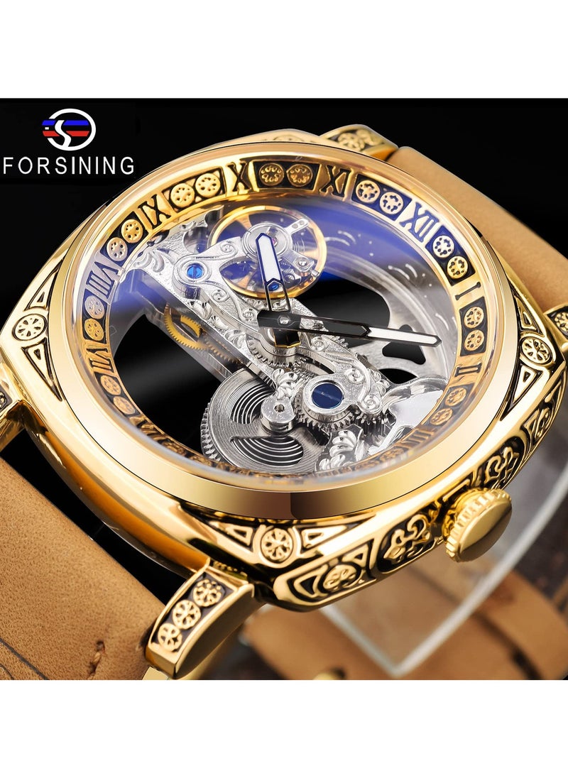 FORSINING Men's Luxury Square Carving Mechanical Watch Retro Totem Double Sided Hollow Skeleton Self-Wind Automatic Watches Vintage Leather Strap Wristwatch  - Image 3