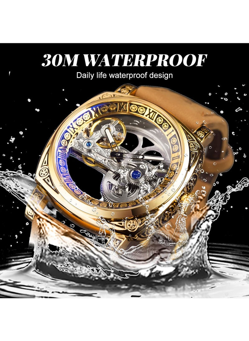 FORSINING Men's Luxury Square Carving Mechanical Watch Retro Totem Double Sided Hollow Skeleton Self-Wind Automatic Watches Vintage Leather Strap Wristwatch  - Image 4