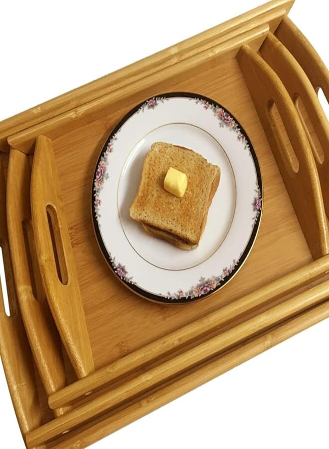 BLEQYS® Set of 3 Wooden Tray Bamboo Serving Tray Serving Dish Handmade Appetizer Platter Serving Tray with Handle (3009)