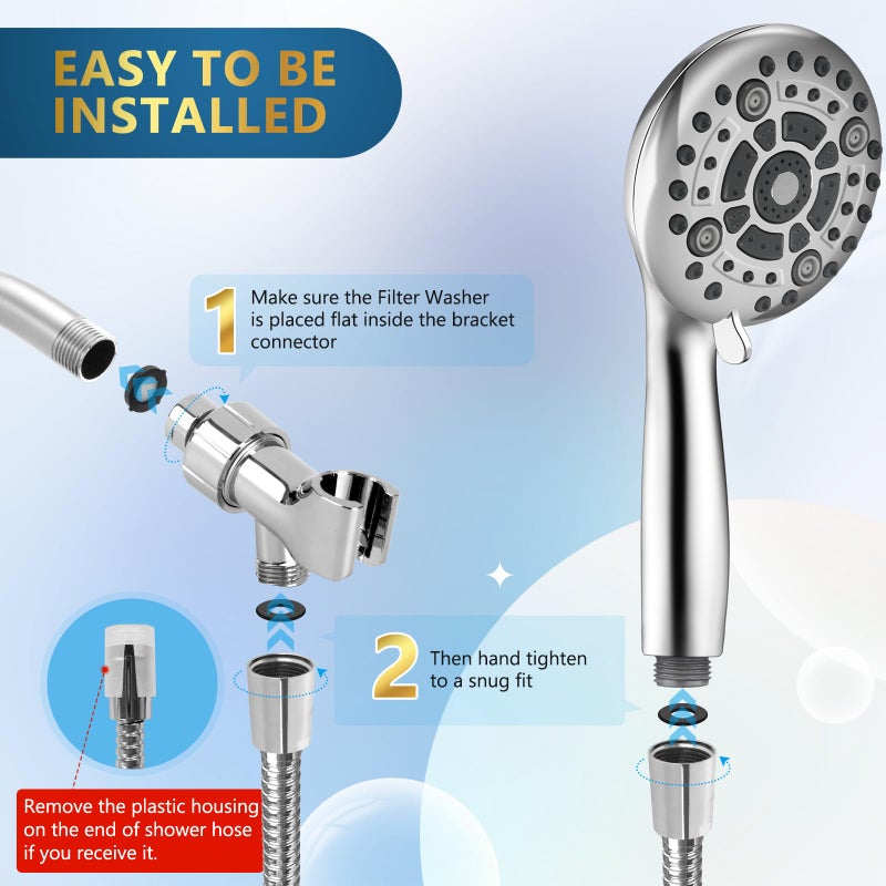 DAKINGS 6 Spray Modes High Pressure Handheld Showerhead Set Upgraded 5 Inches Shower Head with Handheld Spray Premium Chrome Handheld Shower Head 60 Inches Stainless Steel Hose-1-Min Install - Image 5