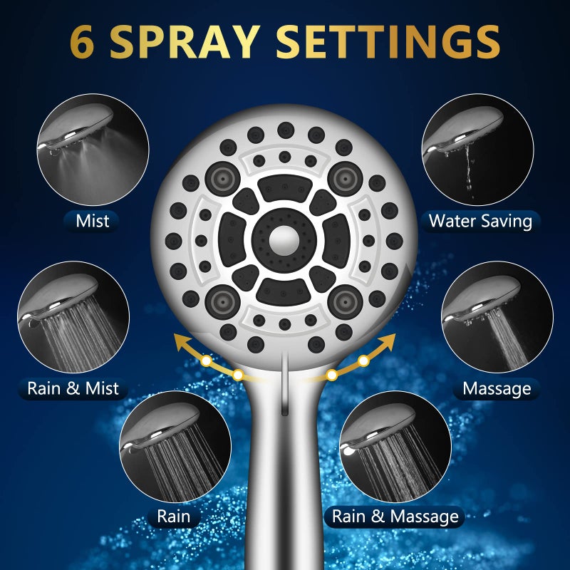 DAKINGS 6 Spray Modes High Pressure Handheld Showerhead Set Upgraded 5 Inches Shower Head with Handheld Spray Premium Chrome Handheld Shower Head 60 Inches Stainless Steel Hose-1-Min Install - Image 2