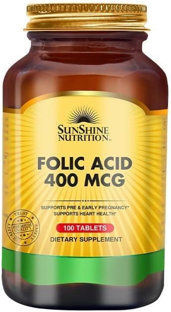 SUNSHINE NUTRITION Folic Acid Supplement 400mcg | Supports Pre & Early Pregnancy | Supports Heart Health , 100 Tablets - Image 1