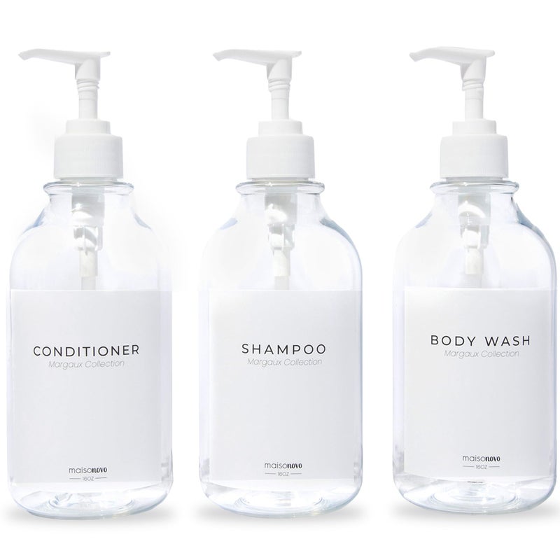 MAISONOVO MaisoNovo Refillable Shampoo and Conditioner Bottles  169 fl oz Set of 3 Clear Plastic Bottles White Pumps