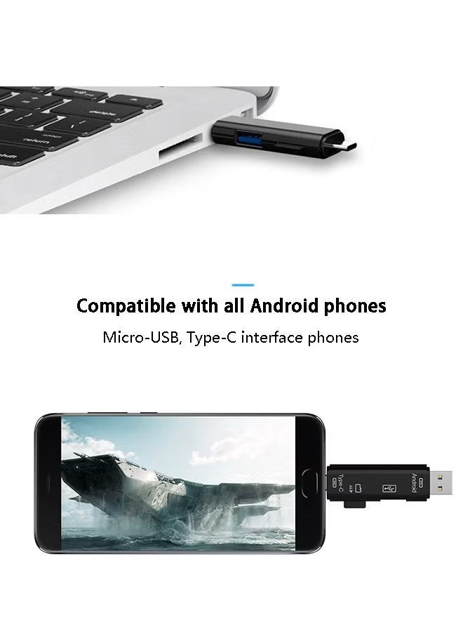 Multi-Function Card Reader 5 in 1 USB Type C, Android USB to OTG 2.0 Mobile Phone Adapter, High Capacity Compact SD Card Reader, for TYPE-C Interface Devices, Android Phones, USB Computer, Black - Image 5