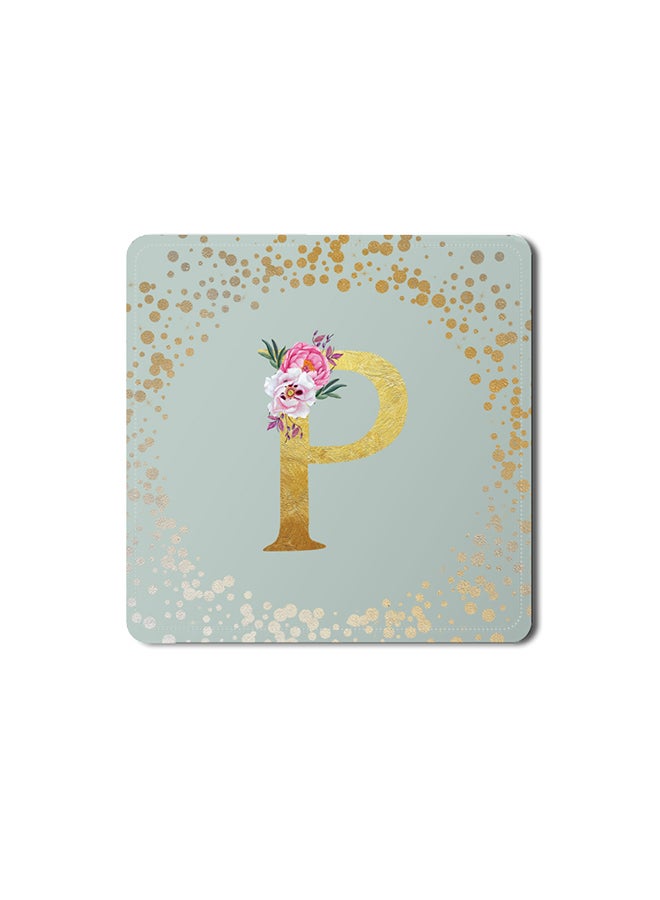 Stylizedd 2 Pack Designer Leather Coasters Mat for Beverage Drinks- Custom Monogram Initial Letter Floral Pattern Alphabet - P (Light Grey) - Image 1