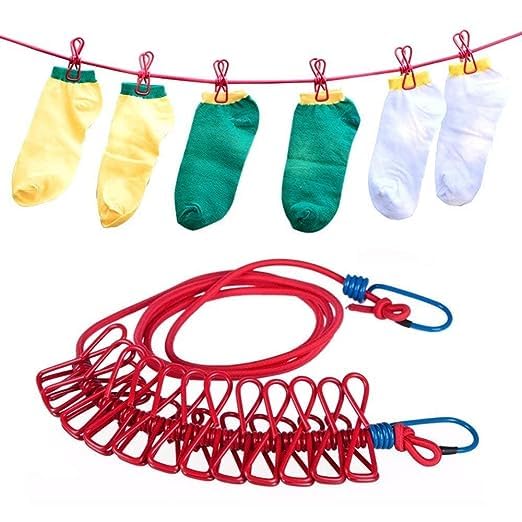 MUSVUZA Portable Multi Functional Drying Rope with 12 Clips and 2 HooksPortable Outdoor Travel Clothesline Rope Clothes Hanging Hook Multicolor Pack of 1 - Image 1