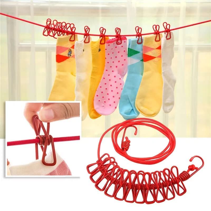 MUSVUZA Portable Multi Functional Drying Rope with 12 Clips and 2 HooksPortable Outdoor Travel Clothesline Rope Clothes Hanging Hook Multicolor Pack of 1 - Image 3