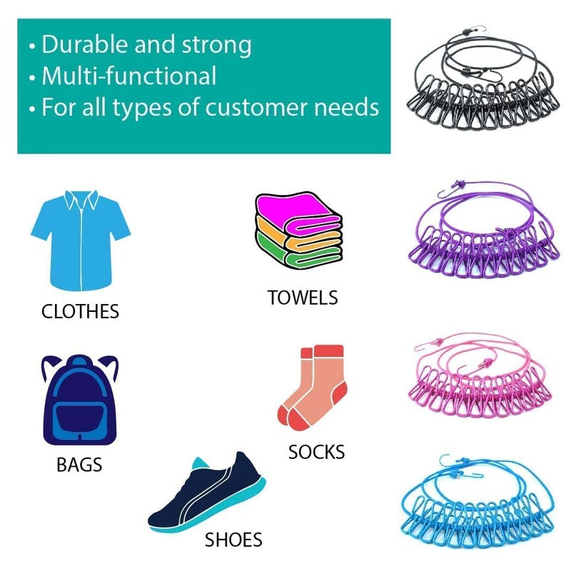 MUSVUZA Portable Multi Functional Drying Rope with 12 Clips and 2 HooksPortable Outdoor Travel Clothesline Rope Clothes Hanging Hook Multicolor Pack of 1 - Image 5