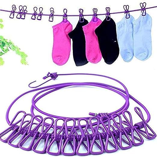 MUSVUZA Portable Multi Functional Drying Rope with 12 Clips and 2 HooksPortable Outdoor Travel Clothesline Rope Clothes Hanging Hook Multicolor Pack of 1 - Image 4