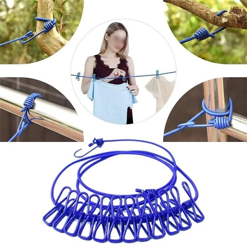 MUSVUZA Portable Multi Functional Drying Rope with 12 Clips and 2 HooksPortable Outdoor Travel Clothesline Rope Clothes Hanging Hook Multicolor Pack of 1 - Image 2