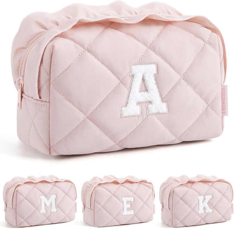 BAGSMART BAGSMART Small Makeup Bag, Travel Personalized Initial Cosmetic Bags for Women, Pink Makeup Pouch, Make up Organizer Case, Puffy Pouch Purse, Travel Essentials, Toiletries Accessories Brushes(A, Pink) 