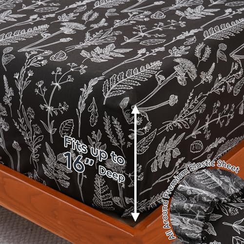 Homilay 100% Natural Cotton Percale Sheets Set,Queen Size 4 PC, Breathable&Durable Hotel Quality Bedding, 16" Deep Pocket Botanical Floral Bedsheets,Black - Image 4