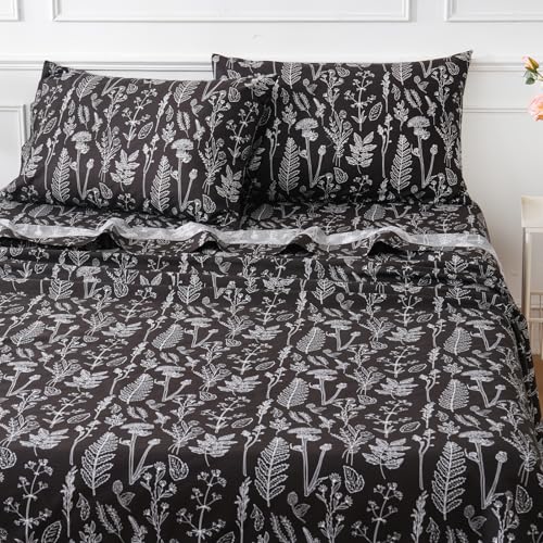 Homilay 100% Natural Cotton Percale Sheets Set,Queen Size 4 PC, Breathable&Durable Hotel Quality Bedding, 16" Deep Pocket Botanical Floral Bedsheets,Black - Image 1