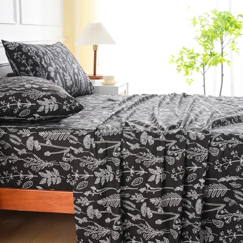 Homilay 100% Natural Cotton Percale Sheets Set,Queen Size 4 PC, Breathable&Durable Hotel Quality Bedding, 16" Deep Pocket Botanical Floral Bedsheets,Black - Image 5