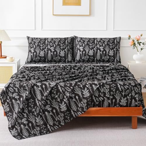 Homilay 100% Natural Cotton Percale Sheets Set,Queen Size 4 PC, Breathable&Durable Hotel Quality Bedding, 16" Deep Pocket Botanical Floral Bedsheets,Black - Image 3