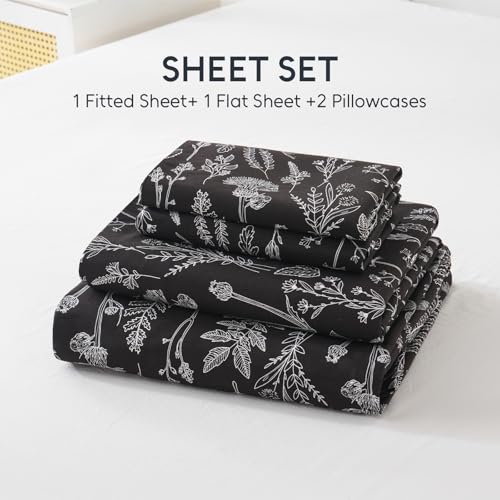 Homilay 100% Natural Cotton Percale Sheets Set,Queen Size 4 PC, Breathable&Durable Hotel Quality Bedding, 16" Deep Pocket Botanical Floral Bedsheets,Black - Image 2