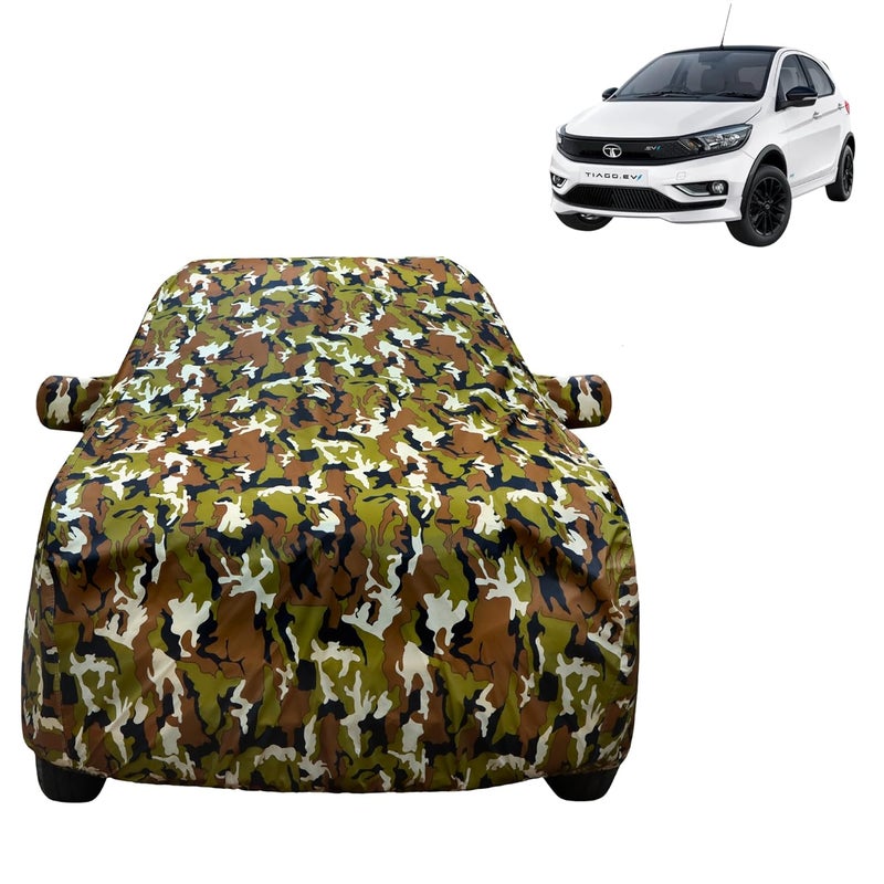 VYAS 100% Waterproof Car Body Cover for Tata Tiago EV (2022-2025) with Mirror Pocket Triple Stitched Belt & Buckle Fitting Dual Elastic, Durable Material Jungle Print Camouflage Design - Image 1