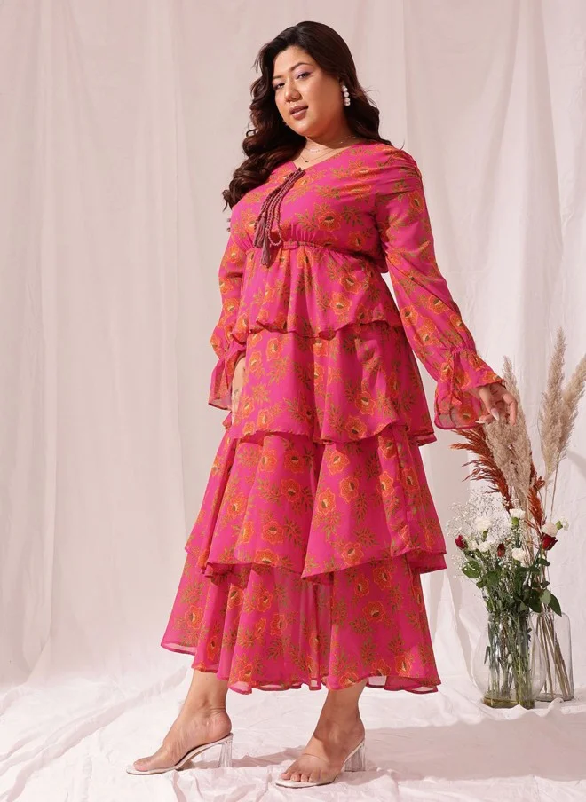 CURVY STREET Floral Printed Chiffon Maxi Dress for Women