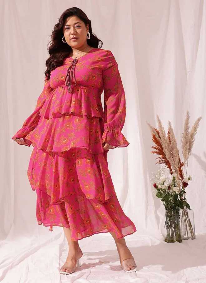 CURVY STREET Floral Printed Chiffon Maxi Dress for Women