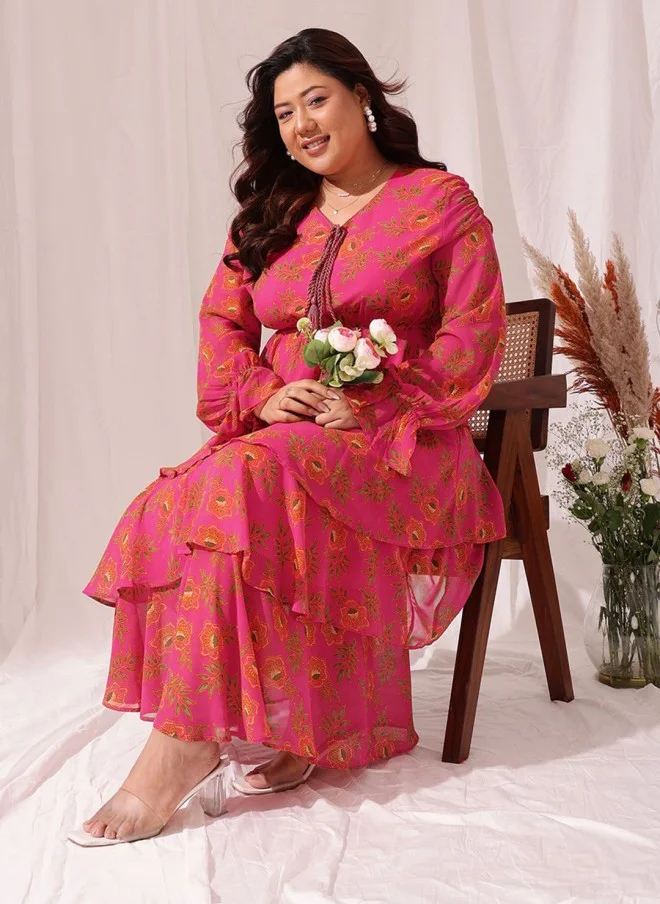 CURVY STREET Floral Printed Chiffon Maxi Dress for Women