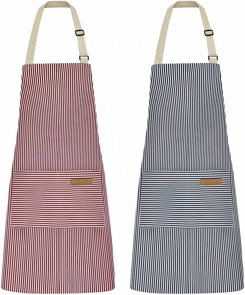 NLUS 2 Pack Kitchen Cooking Aprons, Adjustable Bib Soft Chef Apron with 2 Pockets for Men Women (Blue Pinstripes/Pink Pinstripes) - Image 1