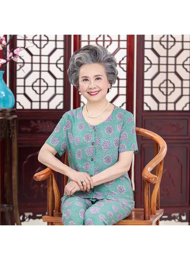 Mother's Summer Cotton Silk Suit Middle-aged And Elderly Wen's Short-sleeved Cardigan 60-year-old 70-year-old Lady's Cotton Silk Grandma's Suit