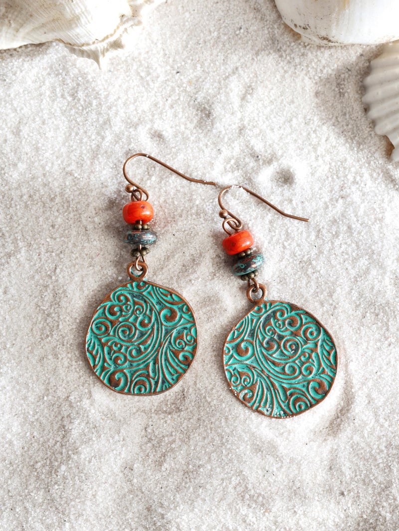 MINACHI Bohemian Engraved Circle Disc Dangle Drop Earrings with Bead Accents, Boho Hippe Jewelry Gift for Women - Image 2