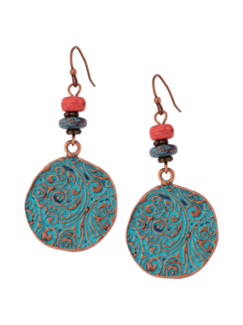 MINACHI Bohemian Engraved Circle Disc Dangle Drop Earrings with Bead Accents, Boho Hippe Jewelry Gift for Women - Image 1