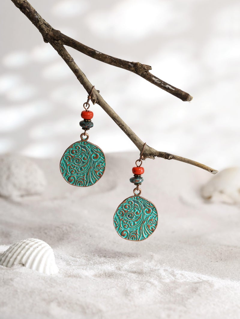 MINACHI Bohemian Engraved Circle Disc Dangle Drop Earrings with Bead Accents, Boho Hippe Jewelry Gift for Women - Image 4