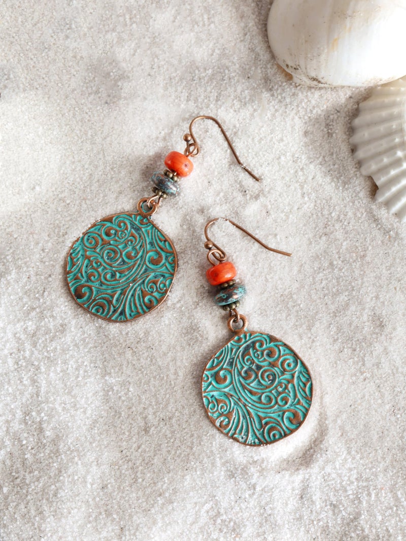 MINACHI Bohemian Engraved Circle Disc Dangle Drop Earrings with Bead Accents, Boho Hippe Jewelry Gift for Women - Image 3
