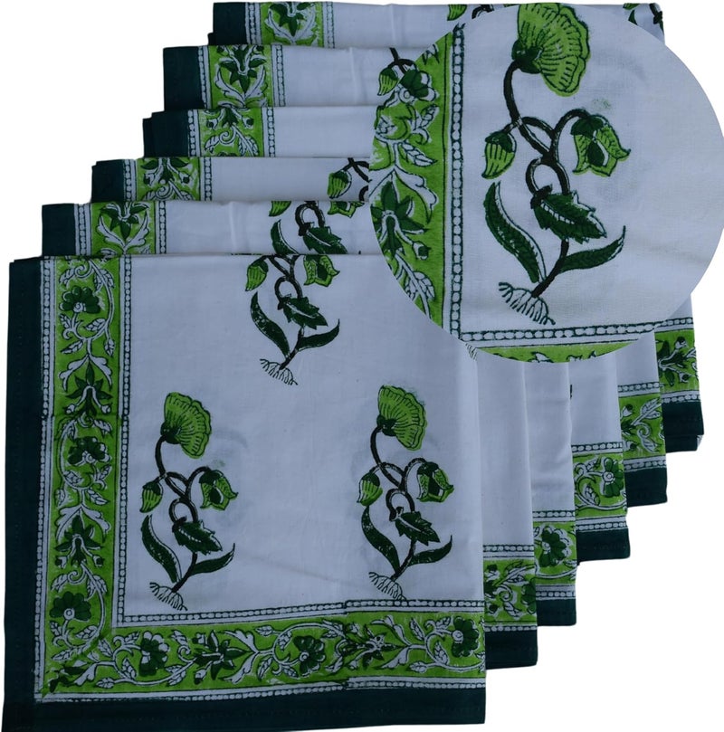 Third Eye Export Cloth Napkins Set of 6  Green Cotton Floral Dinner Napkins for Table  Reusable Indian Block Print Washable Napkins for Wedding Party Boho Decor Green X Large 20X20 Inches - Image 1