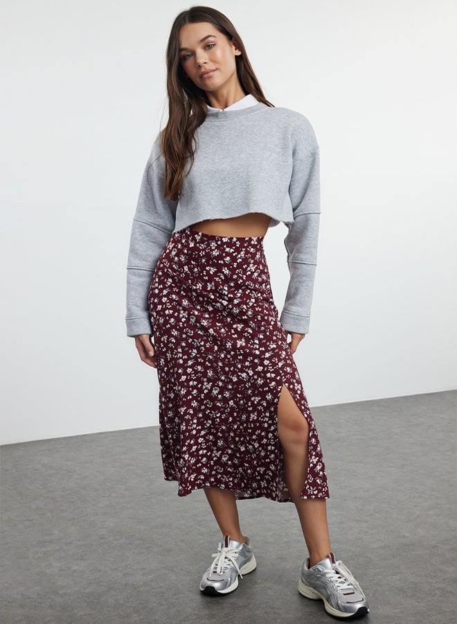 trendyol Burgundy Slit Detail Floral Patterned Viscose Fabric Midi Woven Skirt  - Image 1