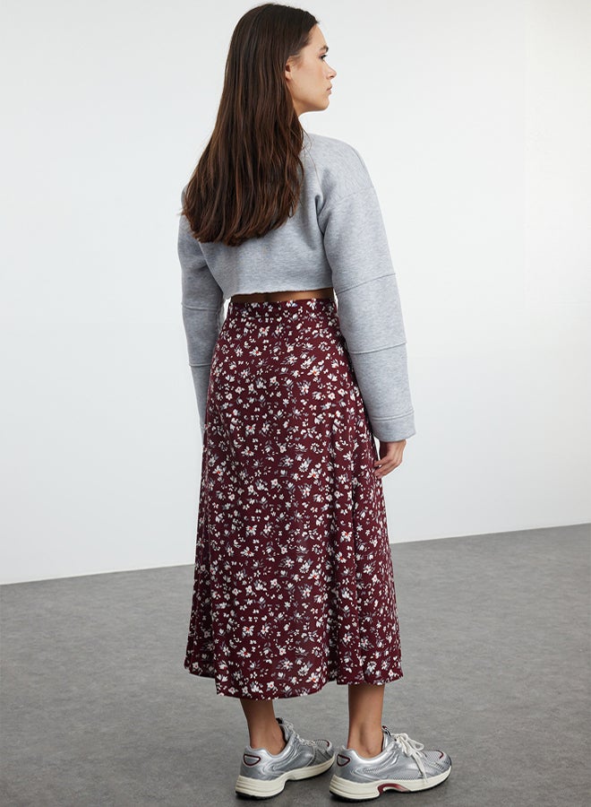 trendyol Burgundy Slit Detail Floral Patterned Viscose Fabric Midi Woven Skirt  - Image 5