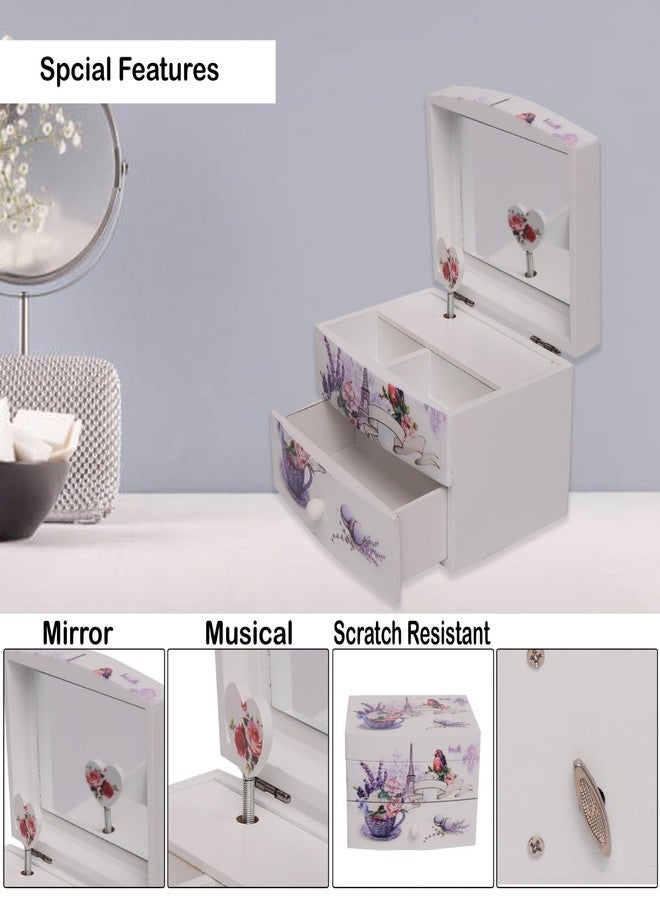 CherryBox White and Purple Floral & Tower, Bird Pattern 2 Layer Music Jewelry Box for Women, Portable Jewelry Box Modern Design - Image 4
