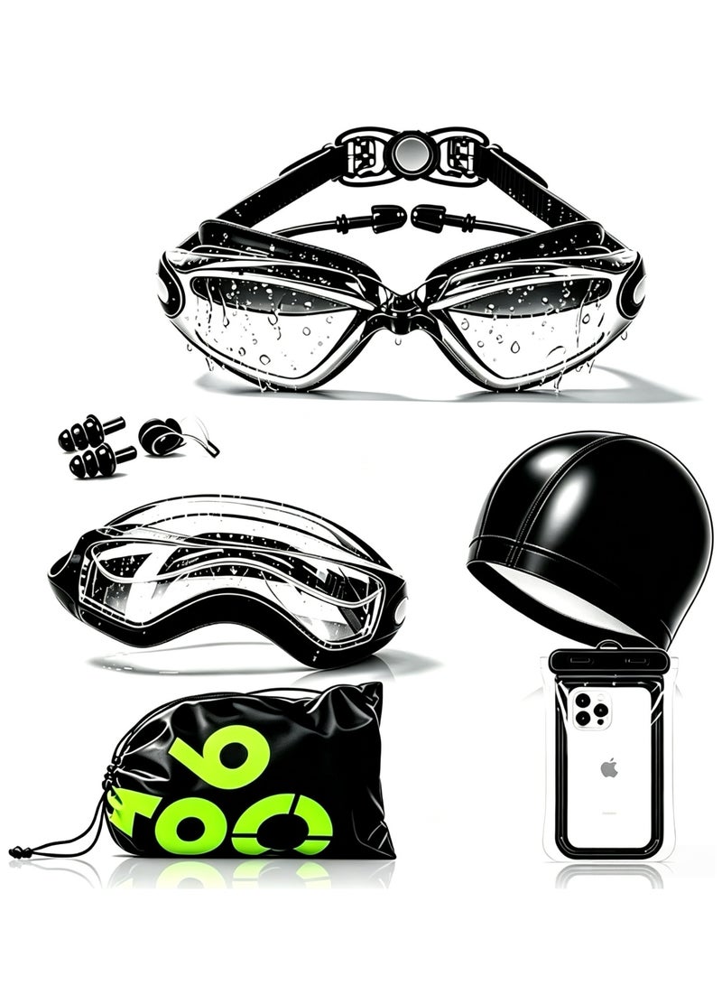 Sellcy 6-in-1 anti fog swimming goggles, set with swim cap, earplugs, nose clip, phone waterproof bag, large capacity bag for swimming goggles, suitable for men and women - Image 1