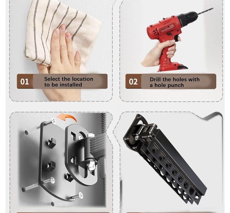 TGOPIT حامل ملابس قابل للطي TGOPIT داخلي قابل للسحب رف تجفيف الملابس موفر للمساحة خط غسيل منزلي مثبت على الحائط ورف ملابس حامل ملابس لتجفيف 2 طبقة - Image 5